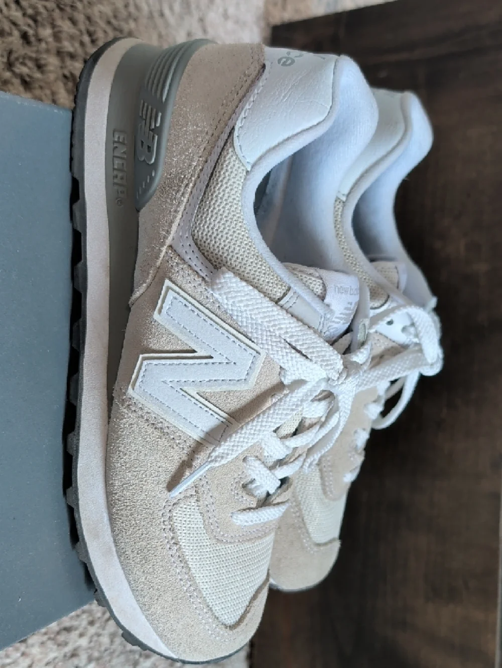 New Balance Beige and White 574 Lifestyle Sneakers - Picture 2 of 7